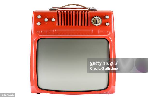 vor einer alten orange-fernseher - tragbarer fernseher stock-fotos und bilder