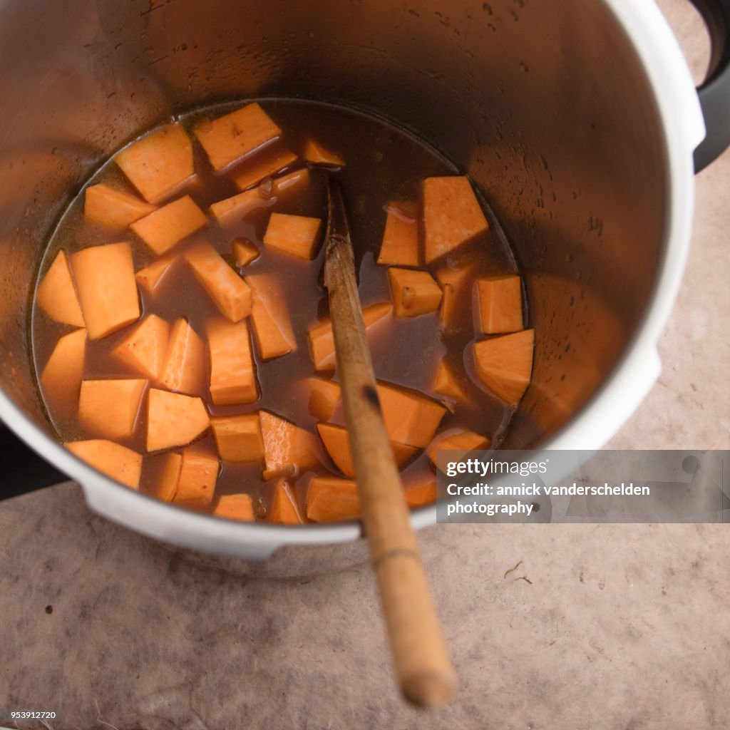 Pressure cooked beef gravy with sweet potato.