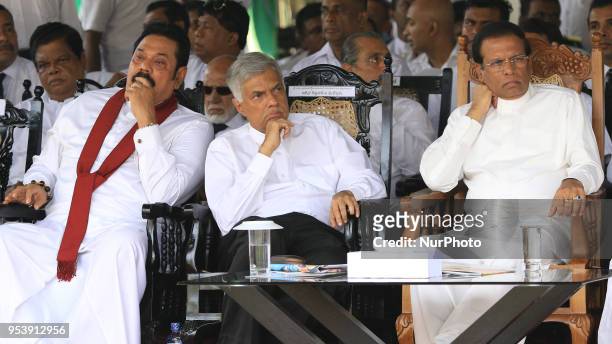 Former Sri Lankan President Mahinda Rajapaksa , Sri Lankan Prime minister Ranil Wickremesinghe and Sri Lankan president Maithripala Sirisena look on...