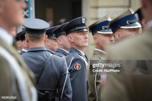 Military are seen ligned up at Royal Castle Square ahead of the celebration by the president of Poland for Flag Day in Warsaw, Poland on May 2, 2018....