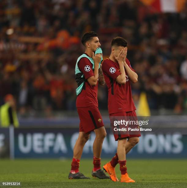 Roma players Stefan El Shaarawy and Lorenzo Pellegrini show their dejection after the UEFA Champions League Semi Final Second Leg match between A.S....