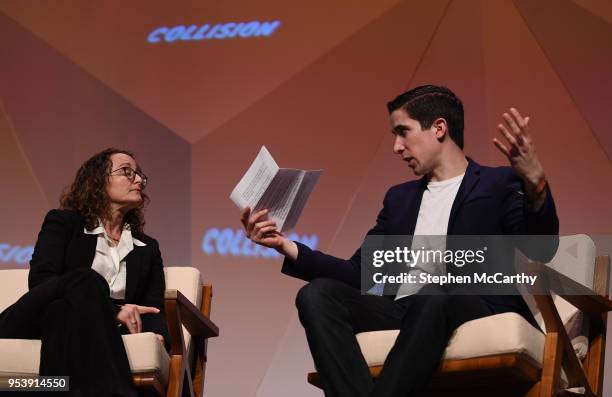 Louisiana , United States - 2 May 2018; Nina Jacobson, left, Color Force, and Allen Gannett, TrackMaven, on Center stage during day two of Collision...