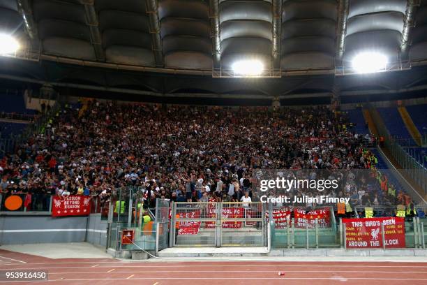 Liverpool fans celebrate after the full time whistle during the UEFA Champions League Semi Final Second Leg match between A.S. Roma and Liverpool at...