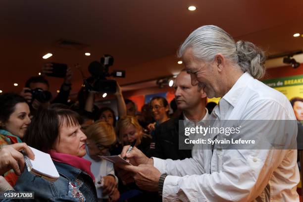 Actor Patrick Duffy signs autographs before Q&A as part of Series Mania Lille Hauts de France festival day 6 photocall on May 2, 2018 in Lille,...