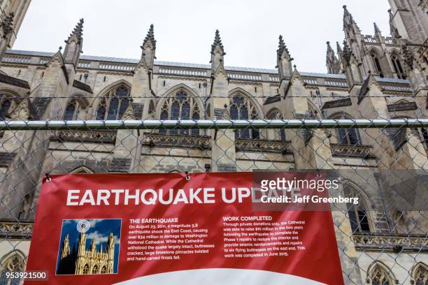 Washington DC, Washington National Cathedral, 2011 earthquake repair signage.