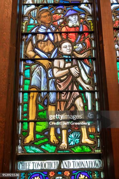 Georgia, St. Simons Island, Frederica, Christ Church, stained glass window of Chief Tomochichi.