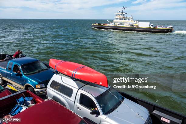 North Carolina, Pamlico Sound, Ocracoke Island, Hatteras, ferry boat loaded with vehicles and passengers.