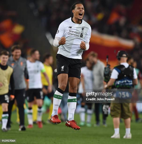 Virgil van Dijk of Liverpool celebrates the victory at the end of the UEFA Champions League Semi Final Second Leg match between A.S. Roma and...