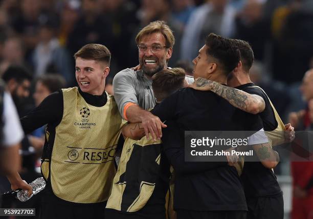 Jurgen Klopp manager of Liverpool celebrates the victory at the end of the UEFA Champions League Semi Final Second Leg match between A.S. Roma and...