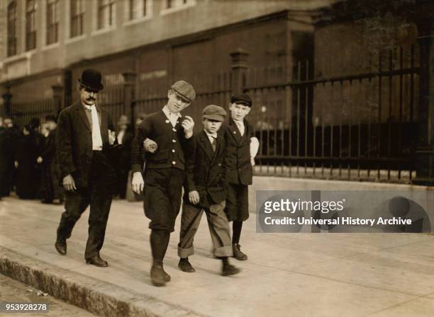 Three Young Boys Heading to the Ayer Textile Mill, 6:30 to 7:00 a.m., Lawrence, Massachusetts, USA, Lewis Hine for National Child Labor Committee,...
