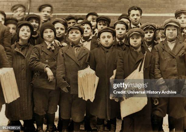 Large Group of Newsies, Half-Length Portrait Standing at the Times Office, Hartford, Connecticut, USA, Lewis Hine for National Child Labor Committee,...