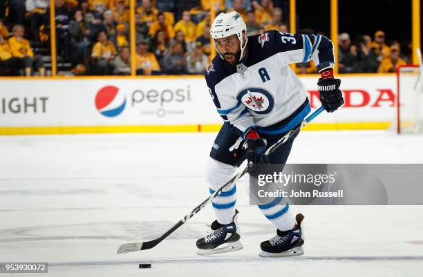 Dustin Byfuglien of the Winnipeg Jets skates against the Nashville Predators in Game Two of the Western Conference Second Round during the 2018 NHL...