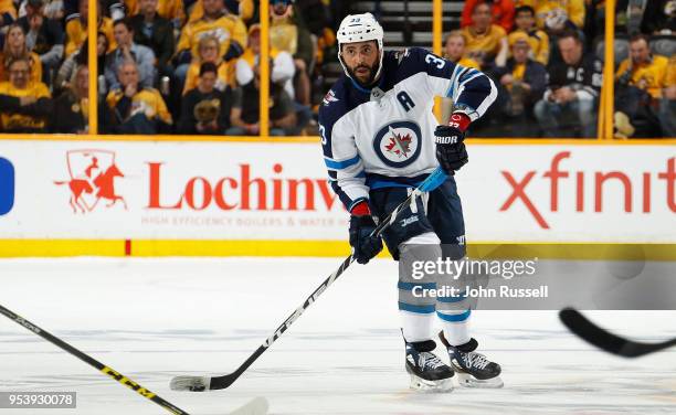 Dustin Byfuglien of the Winnipeg Jets skates against the Nashville Predators in Game Two of the Western Conference Second Round during the 2018 NHL...