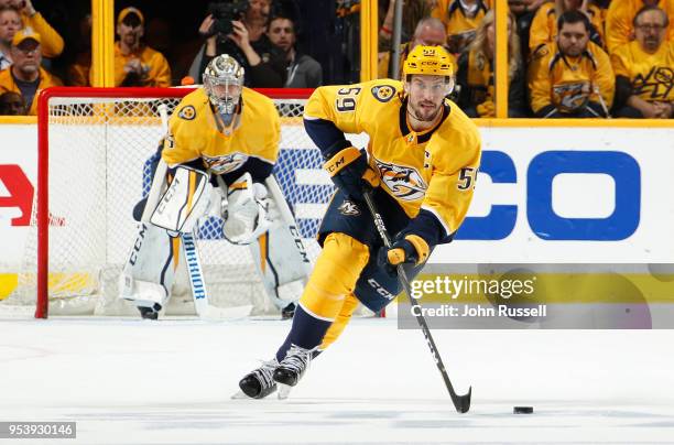 Roman Josi of the Nashville Predators skates against the Winnipeg Jets in Game Two of the Western Conference Second Round during the 2018 NHL Stanley...