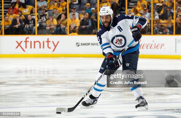 Dustin Byfuglien of the Winnipeg Jets skates against the Nashville Predators in Game Two of the Western Conference Second Round during the 2018 NHL...
