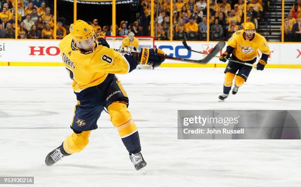 Kyle Turris of the Nashville Predators shoots the puck against the Winnipeg Jets in Game Two of the Western Conference Second Round during the 2018...