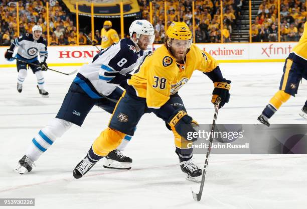 Ryan Hartman of the Nashville Predators skates against the Winnipeg Jets in Game Two of the Western Conference Second Round during the 2018 NHL...