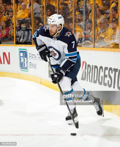 Ben Chiarot of the Winnipeg Jets skates against the Nashville Predators in Game Two of the Western Conference Second Round during the 2018 NHL...