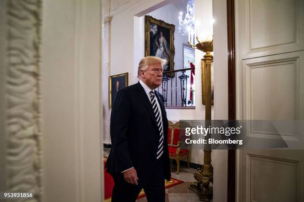 President Donald Trump arrives for the National Teacher of the Year reception in the East Room of the White House in Washington, D.C., U.S., on...