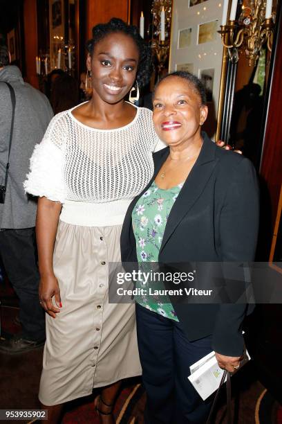 Actress Aissa Maiga and Politician Christiane Taubira attend "Noire n'est pas mon Metier" Book Signing at Le Fouquet's on May 2, 2018 in Paris,...