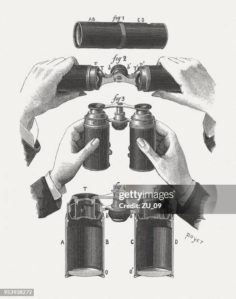 historical opera glass and its application, wood engraving, published 1888 - opera glasses stock illustrations