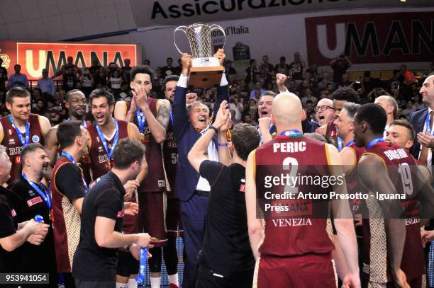 Luigi Brugnaro President and owner of Umana celebrates during the Europe Cup's Final Match between Reyer Umana Venezia and Scandone Sidigas Avellino...