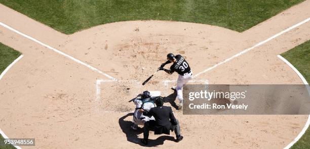 Nicky Delmonico of the Chicago White Sox bats against the Seattle Mariners on April 25, 2018 at Guaranteed Rate Field in Chicago, Illinois. Nicky...