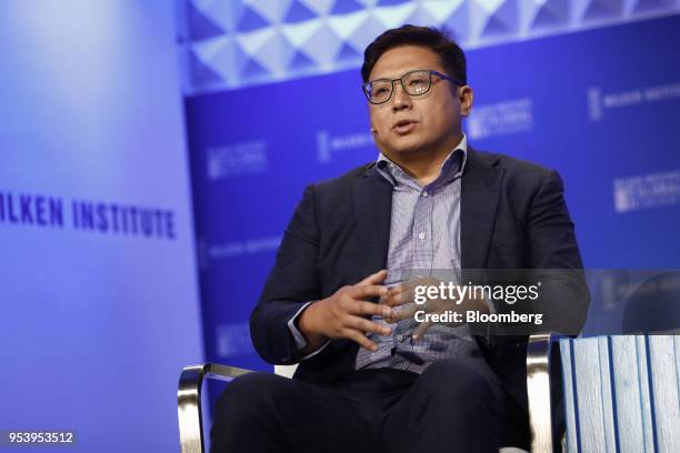 Ron Cao, founder and managing director of Sky9 Capital, speaks during the Milken Institute Global Conference in Beverly Hills, California, U.S., on...