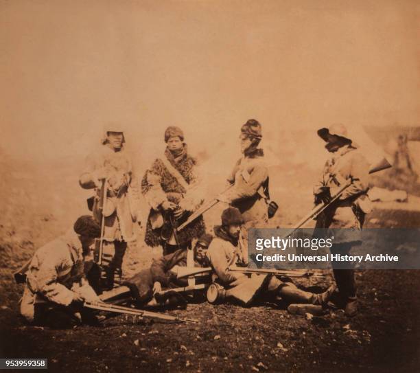 Group of British Soldiers from 68th Regiment, Durham Light Infantry, Full-Length Portrait Wearing Winter Uniforms and Holding Weapons, Crimean War,...