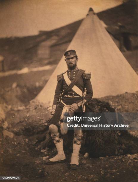 British Captain Robert Cuninghame, 42nd Royal Highland Regiment, Full-Length Portrait in Uniform with Military Tent in Background, Crimean War,...
