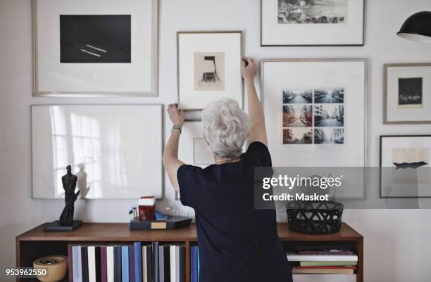 rear view of retired senior woman adjusting picture frame on wall over bookshelf at home - rear view photos stock pictures, royalty-free photos & images