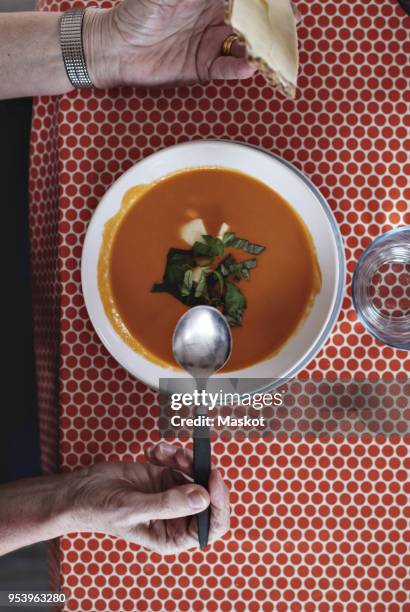 directly above view of senior man eating fresh soup at dining table - ätutrustning bildbanksfoton och bilder
