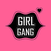 Patch for t-shirt with inscription Girl Gang. Fashion badge with lips and hearts. Vector design element, sticker or patches in vintage style. T-shirt apparels cool print for girls.