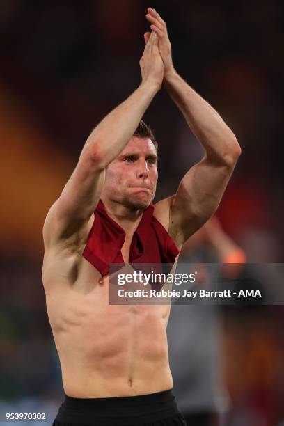 James Milner of Liverpool applauds the fans at full time during the UEFA Champions League Semi Final Second Leg match between A.S. Roma and Liverpool...