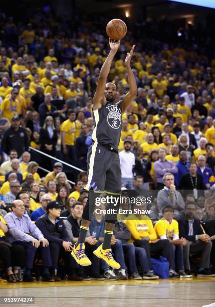 Kevin Durant of the Golden State Warriors in action against the New Orleans Pelicans during Game Two of the Western Conference Semifinals during the...