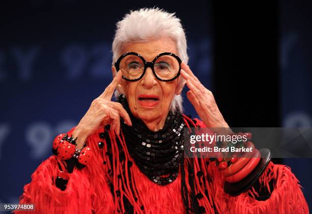 Designer Iris Apfel poses for a photo at 92nd Street Y on May 2, 2018 in New York City.