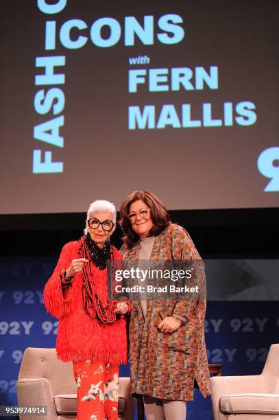 Designer Iris Apfel and Fern Mallis pose for a photo at 92nd Street Y on May 2, 2018 in New York City.