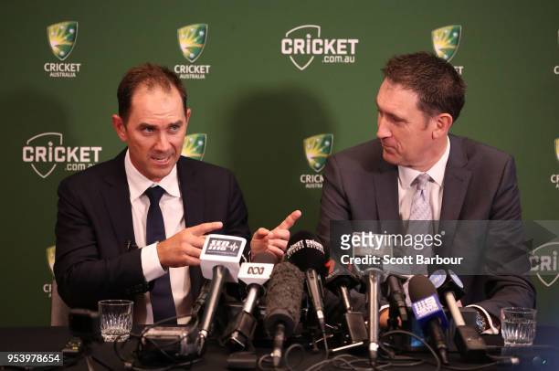 Cricket Australia CEO James Sutherland and Justin Langer, coach of Australia speak to the media during a press conference on May 3, 2018 in...