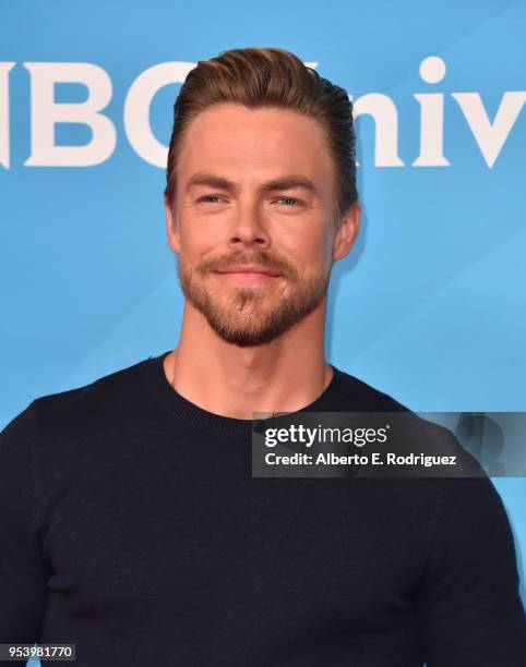 Host Derek Hough attends NBCUniversal's Summer Press Day 2018 at The Universal Studios Backlot on May 2, 2018 in Universal City, California.