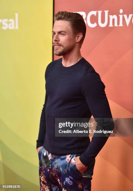 Host Derek Hough attends NBCUniversal's Summer Press Day 2018 at The Universal Studios Backlot on May 2, 2018 in Universal City, California.