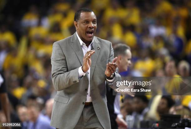 Head coach Alvin Gentry of the New Orleans Pelicans stands on the side of the court during their game against the Golden State Warriors in Game Two...