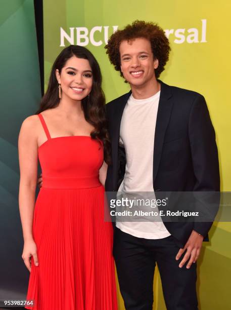 Actors Auili'i Cravalho and Damon J. Gillespie attends NBCUniversal's Summer Press Day 2018 at The Universal Studios Backlot on May 2, 2018 in...