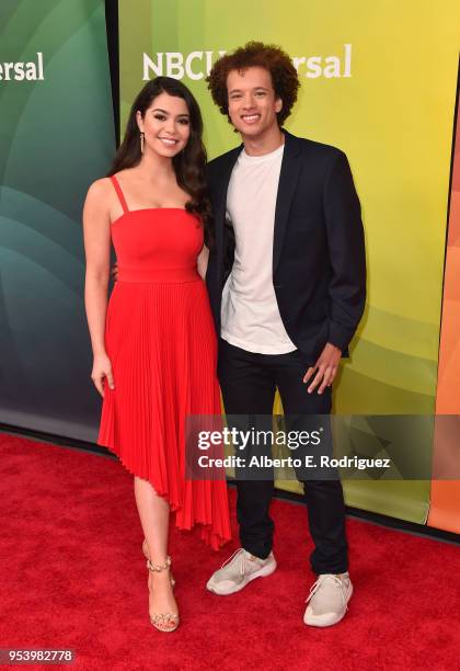 Actors Auili'i Cravalho and Damon J. Gillespie attends NBCUniversal's Summer Press Day 2018 at The Universal Studios Backlot on May 2, 2018 in...