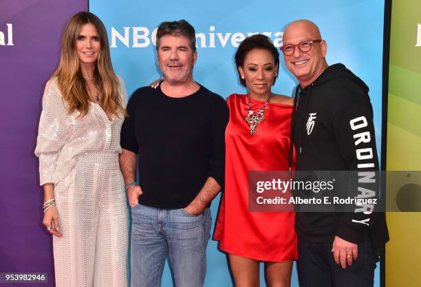 Hosts Heidi Klum, Simon Cowell, Mel B and Howie Mandel attend NBCUniversal's Summer Press Day 2018 at The Universal Studios Backlot on May 2, 2018 in...