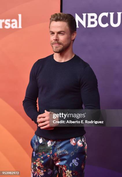 Host Derek Hough attends NBCUniversal's Summer Press Day 2018 at The Universal Studios Backlot on May 2, 2018 in Universal City, California.