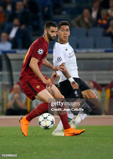 Roberto Firmino of Liverpool, Maxime Gonalons of AS Roma during the UEFA Champions League Semi Final second leg match between AS Roma and Liverpool...