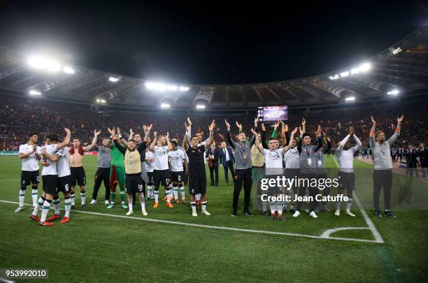 Players of Liverpool celebrate the qualification for the final following the UEFA Champions League Semi Final second leg match between AS Roma and...