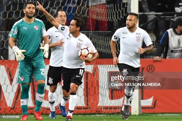 Jadson of Brazil's Corinthians, celebrates his goal scored against Argentina's Independiente, during their 2018 Copa Libertadores football match held...