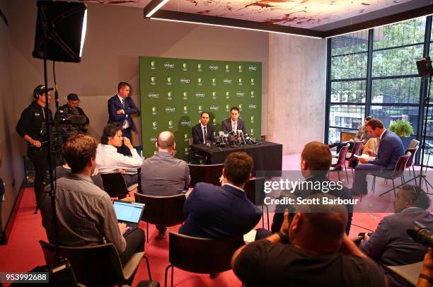 General view as Cricket Australia CEO James Sutherland and Justin Langer, coach of Australia speak to the media during a press conference on May 3,...