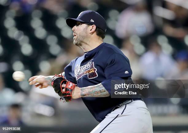 Peter Moylan of the Atlanta Braves delivers a pitch in the ninth inning against the New York Mets on May 2, 2018 at Citi Field in the Flushing...